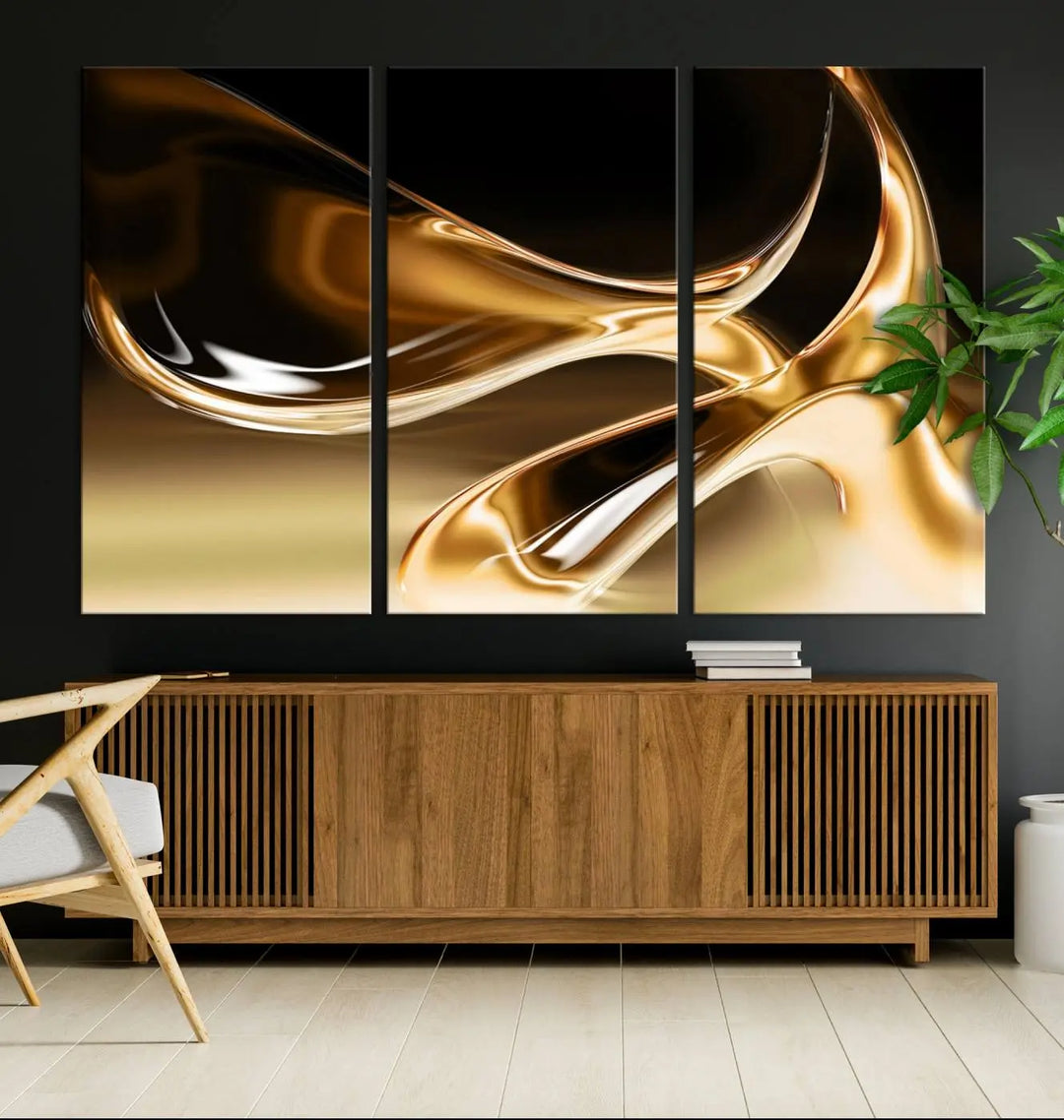 A modern living room features the Liquid Glittered Luxury Gold Canvas Wall Art Print, showcasing abstract art on a museum-quality canvas.