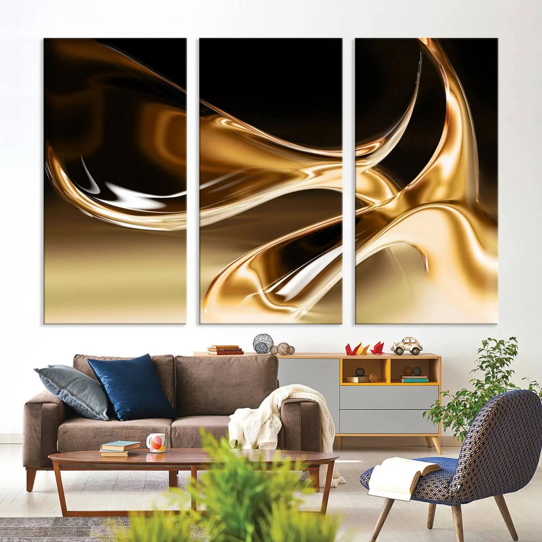 A modern living room features the Liquid Glittered Luxury Gold Canvas Wall Art Print, showcasing abstract art on a museum-quality canvas.