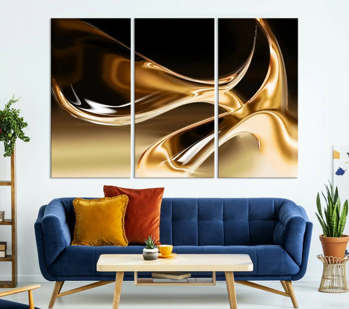 A modern living room features the Liquid Glittered Luxury Gold Canvas Wall Art Print, showcasing abstract art on a museum-quality canvas.