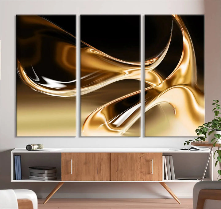 A modern living room features the Liquid Glittered Luxury Gold Canvas Wall Art Print, showcasing abstract art on a museum-quality canvas.