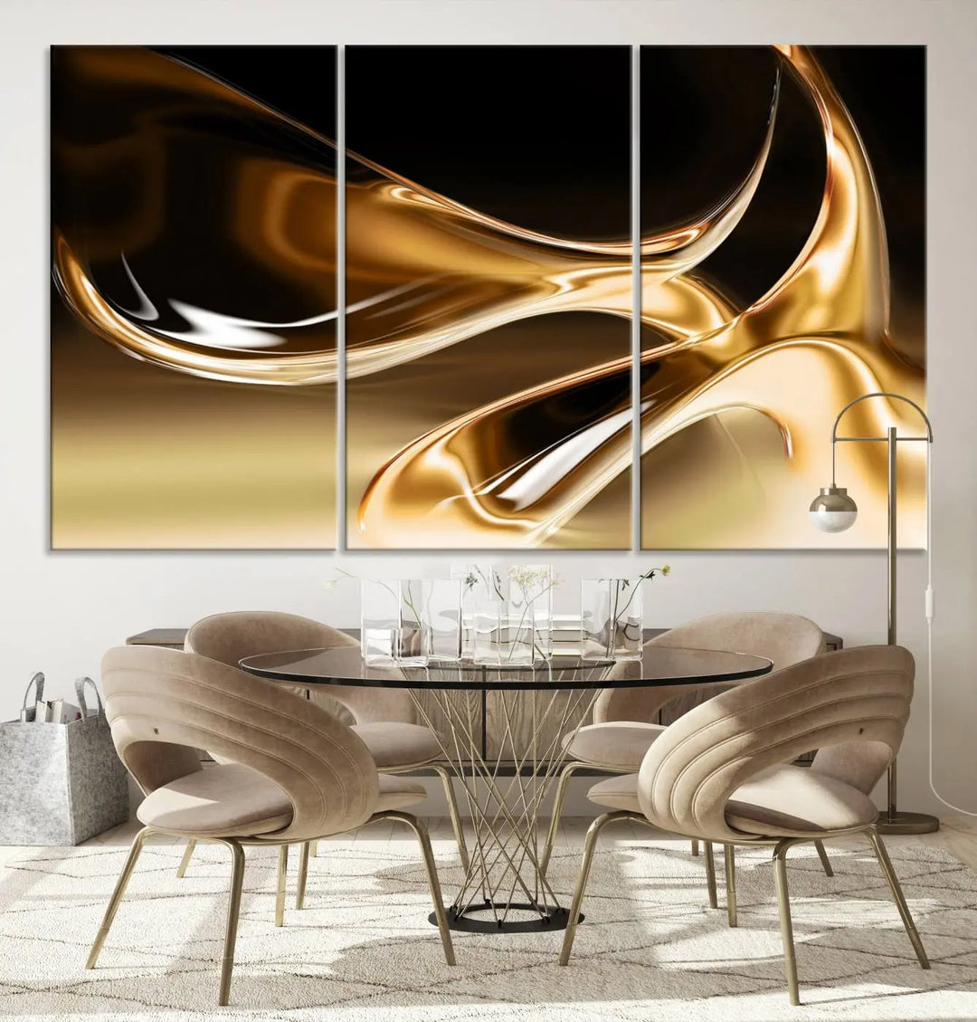 A modern living room features the Liquid Glittered Luxury Gold Canvas Wall Art Print, showcasing abstract art on a museum-quality canvas.