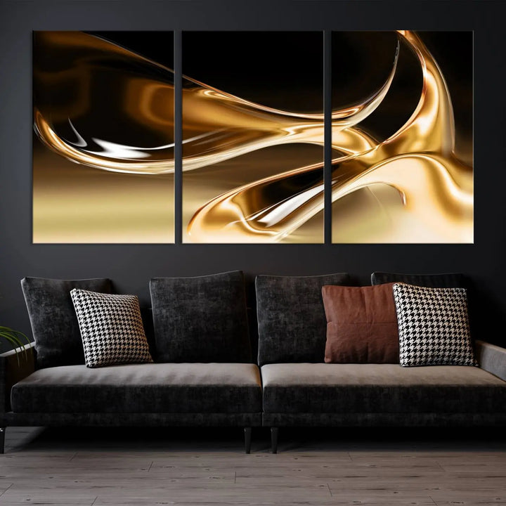 A modern living room features the Liquid Glittered Luxury Gold Canvas Wall Art Print, showcasing abstract art on a museum-quality canvas.