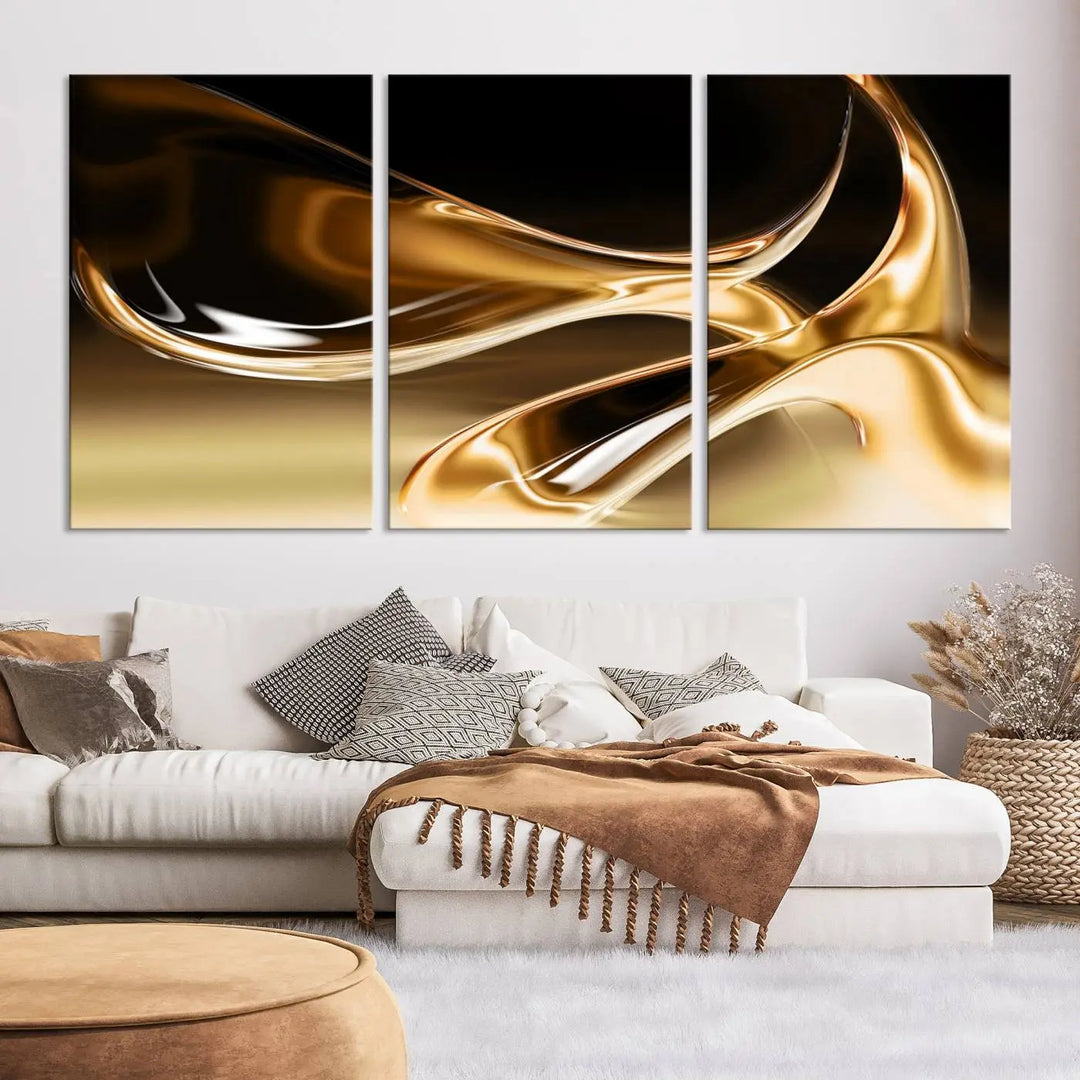 A modern living room features the Liquid Glittered Luxury Gold Canvas Wall Art Print, showcasing abstract art on a museum-quality canvas.