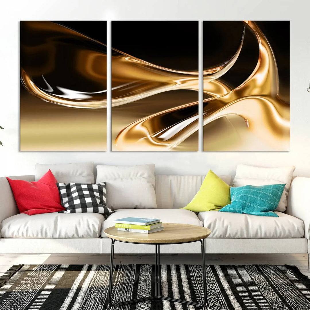 A modern living room features the Liquid Glittered Luxury Gold Canvas Wall Art Print, showcasing abstract art on a museum-quality canvas.