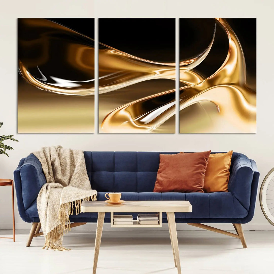 A modern living room features the Liquid Glittered Luxury Gold Canvas Wall Art Print, showcasing abstract art on a museum-quality canvas.