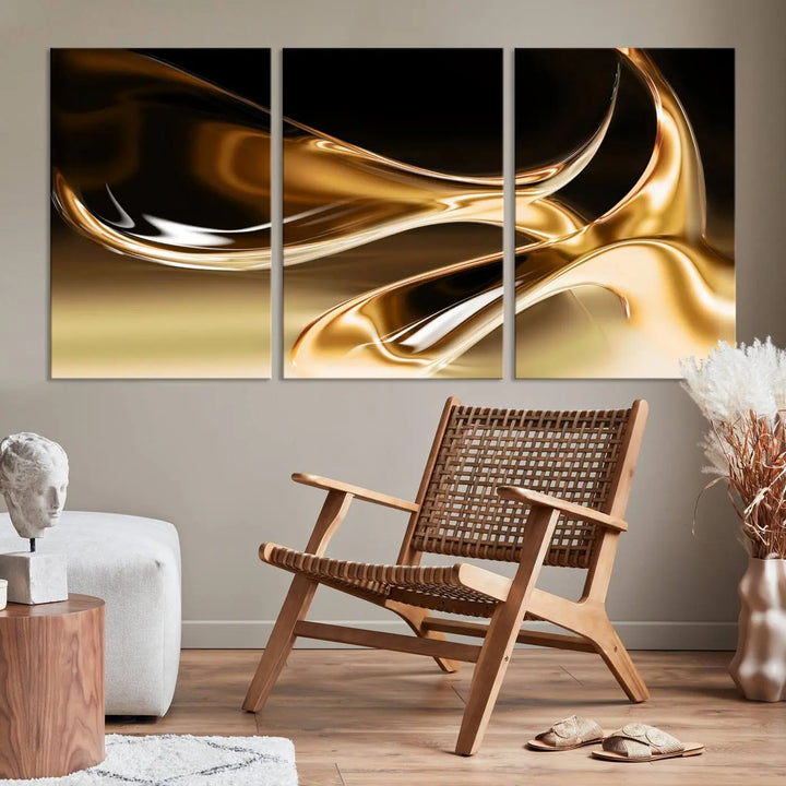 A modern living room features the Liquid Glittered Luxury Gold Canvas Wall Art Print, showcasing abstract art on a museum-quality canvas.