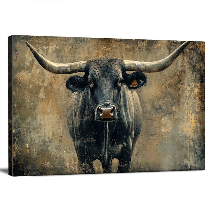 A triptych of the Longhorn Bull Canvas Print - Abstract Cow Longhorn Bull Wall Art Canvas Print captures the essence of Rustic Texas Western Cattle Artwork.