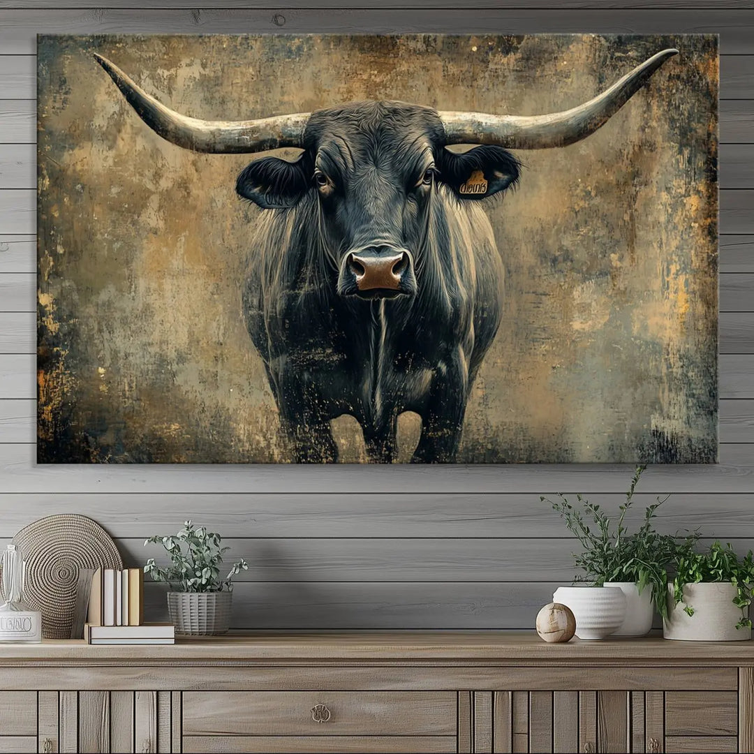 A triptych of the Longhorn Bull Canvas Print - Abstract Cow Longhorn Bull Wall Art Canvas Print captures the essence of Rustic Texas Western Cattle Artwork.