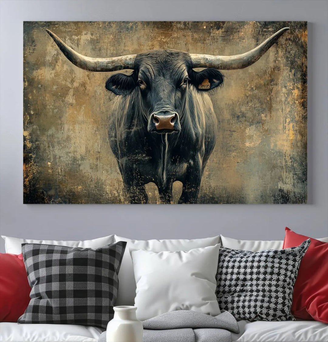 A triptych of the Longhorn Bull Canvas Print - Abstract Cow Longhorn Bull Wall Art Canvas Print captures the essence of Rustic Texas Western Cattle Artwork.