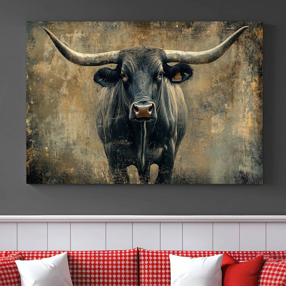 A triptych of the Longhorn Bull Canvas Print - Abstract Cow Longhorn Bull Wall Art Canvas Print captures the essence of Rustic Texas Western Cattle Artwork.