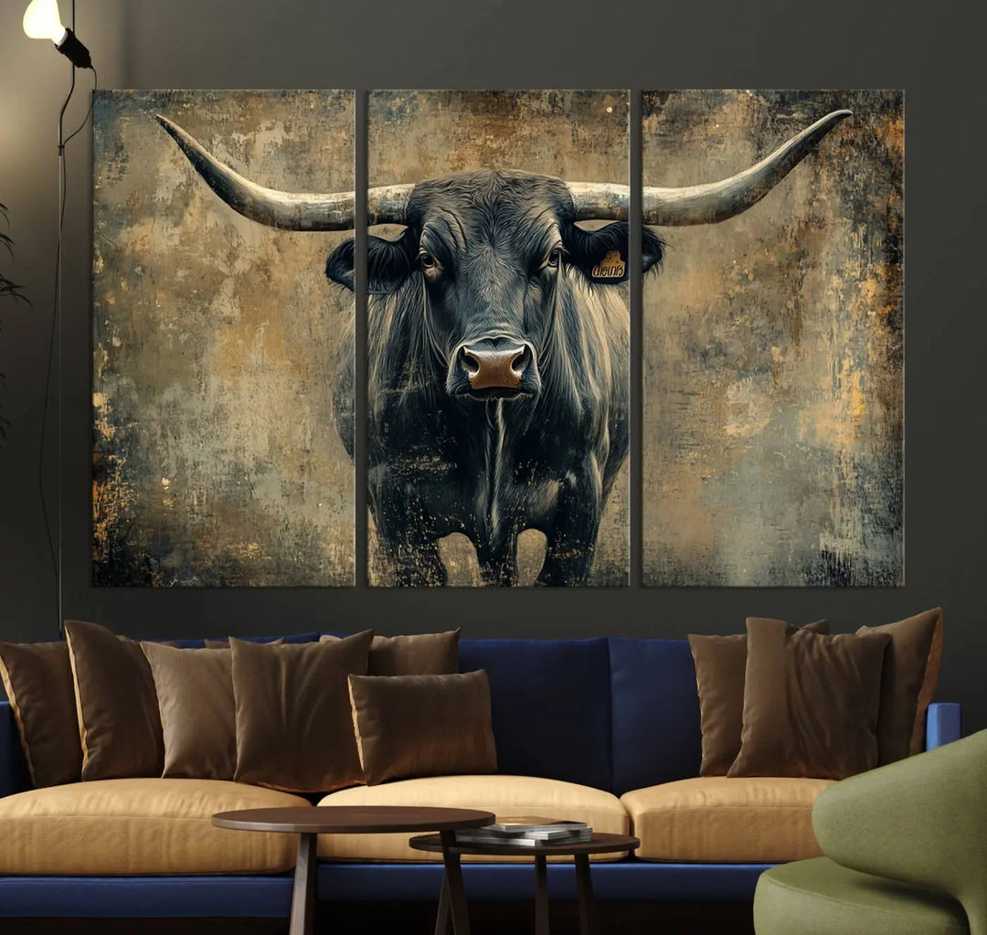 A triptych of the Longhorn Bull Canvas Print - Abstract Cow Longhorn Bull Wall Art Canvas Print captures the essence of Rustic Texas Western Cattle Artwork.