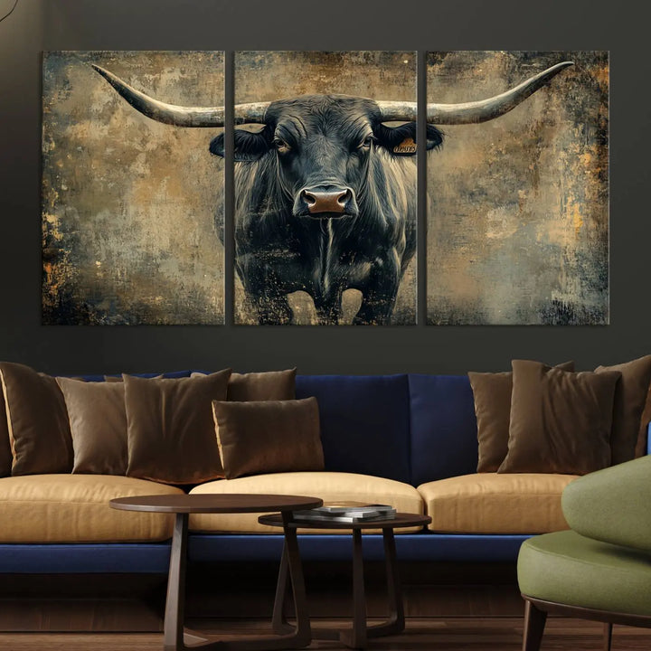 A triptych of the Longhorn Bull Canvas Print - Abstract Cow Longhorn Bull Wall Art Canvas Print captures the essence of Rustic Texas Western Cattle Artwork.