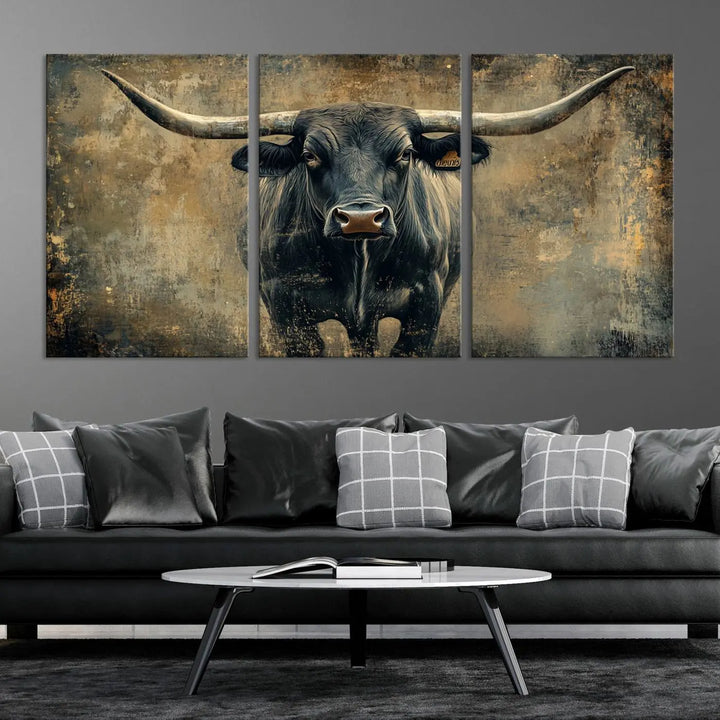 A triptych of the Longhorn Bull Canvas Print - Abstract Cow Longhorn Bull Wall Art Canvas Print captures the essence of Rustic Texas Western Cattle Artwork.