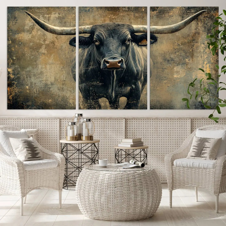 A triptych of the Longhorn Bull Canvas Print - Abstract Cow Longhorn Bull Wall Art Canvas Print captures the essence of Rustic Texas Western Cattle Artwork.