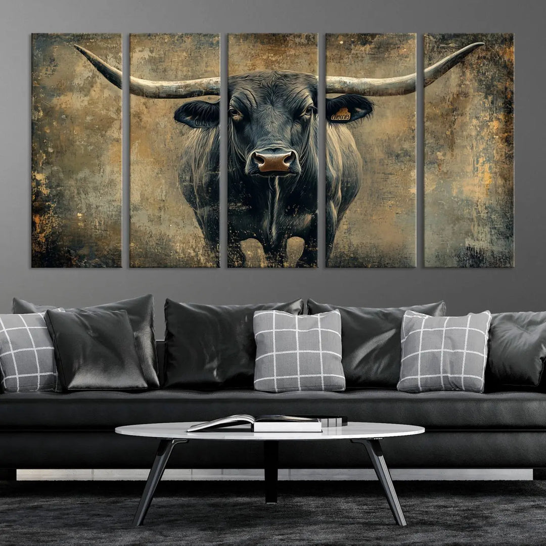 A triptych of the Longhorn Bull Canvas Print - Abstract Cow Longhorn Bull Wall Art Canvas Print captures the essence of Rustic Texas Western Cattle Artwork.