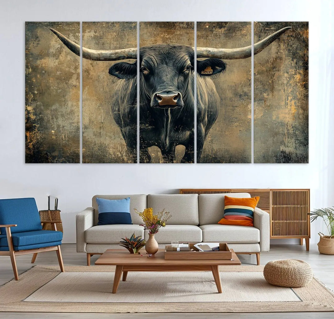 A triptych of the Longhorn Bull Canvas Print - Abstract Cow Longhorn Bull Wall Art Canvas Print captures the essence of Rustic Texas Western Cattle Artwork.