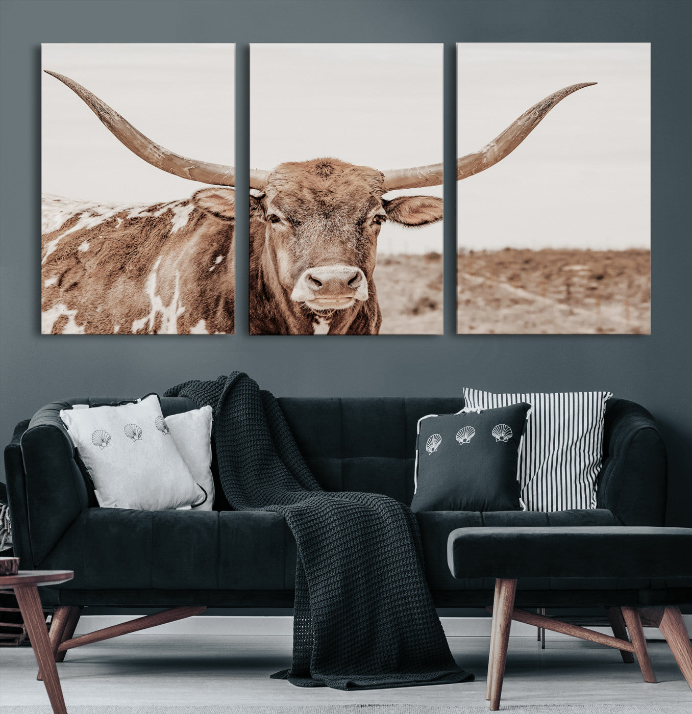 77810049-MGV-CV-36X24-Longhorn Bull Wall Art Canvas Print – Framed Rustic Cow Neutral Western Farmhouse Country Animal Artwork for Home Office