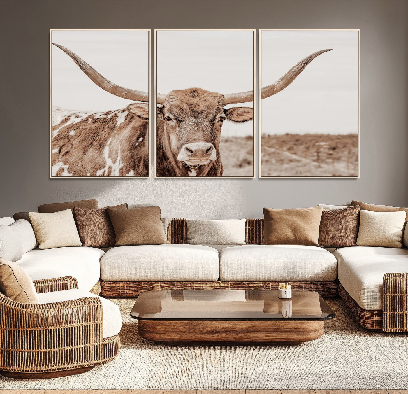77810049-MGV-CV-36X24-Longhorn Bull Wall Art Canvas Print – Framed Rustic Cow Neutral Western Farmhouse Country Animal Artwork for Home Office