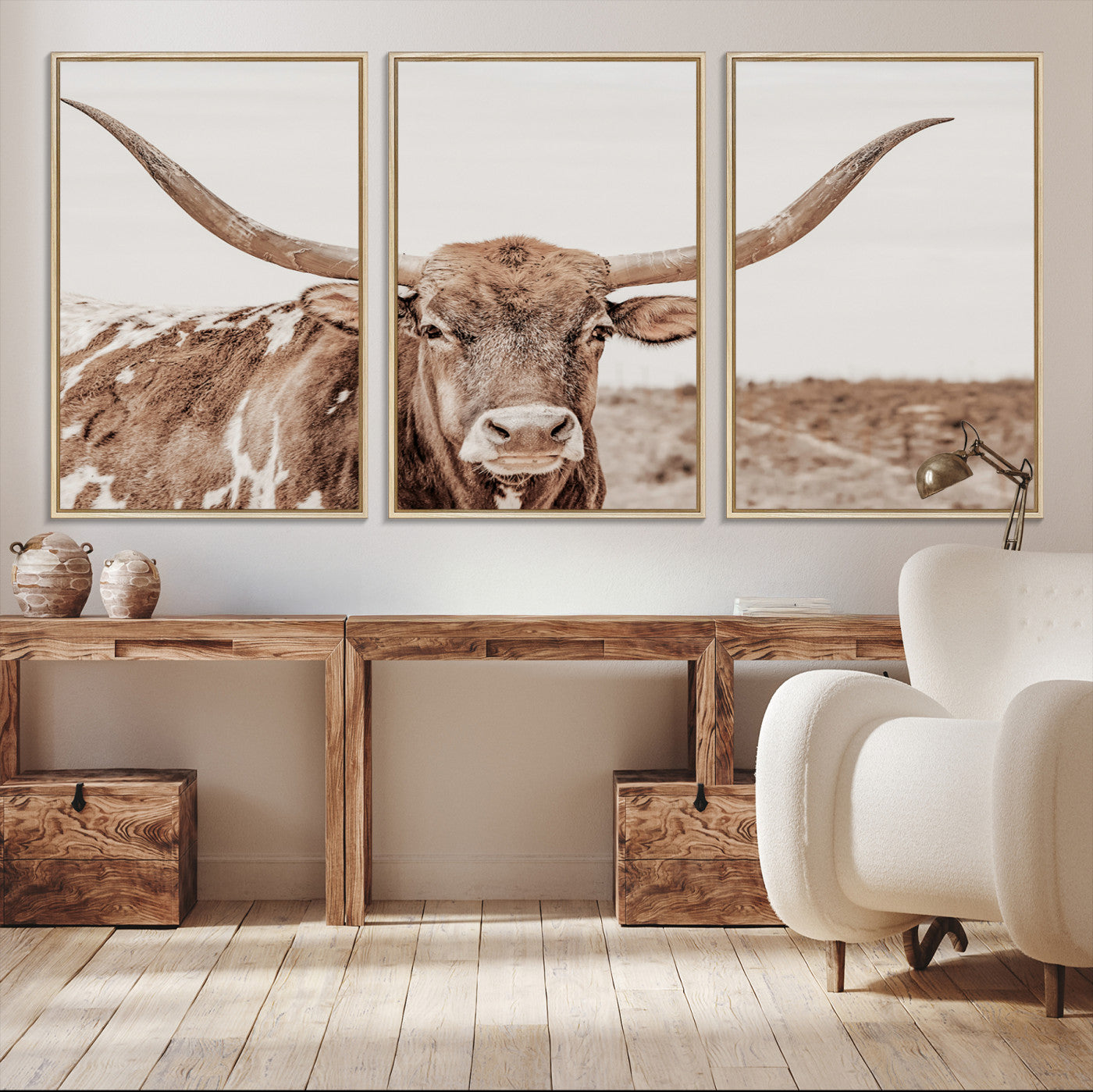 77810049-MGV-CV-36X24-Longhorn Bull Wall Art Canvas Print, Framed Rustic Cow Art Picture Print, Neutral Farmhouse Perfect Rustic Neutral Farmhouse Decor