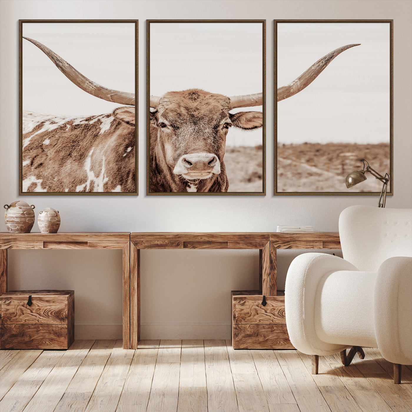 77810049-MGV-CV-36X24-Longhorn Bull Wall Art Canvas Print – Framed Rustic Cow Neutral Western Farmhouse Country Animal Artwork for Home Office