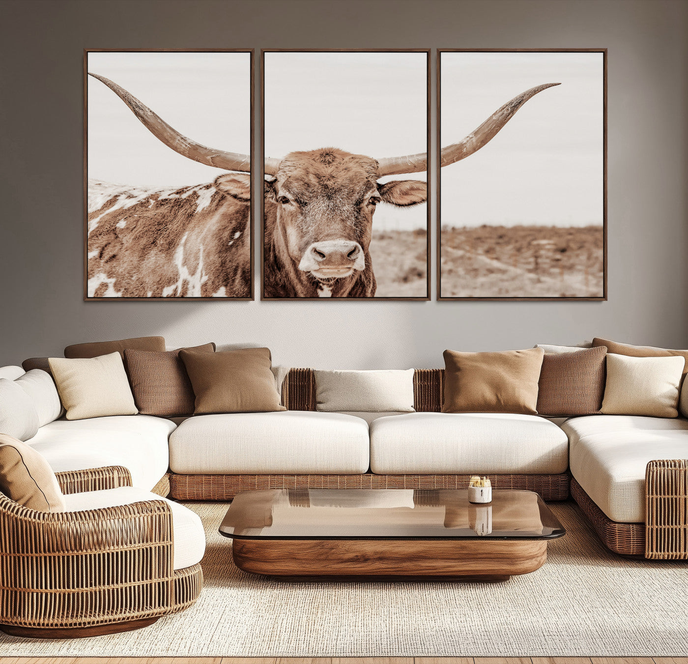 77810049-MGV-CV-36X24-Longhorn Bull Wall Art Canvas Print – Framed Rustic Cow Neutral Western Farmhouse Country Animal Artwork for Home Office