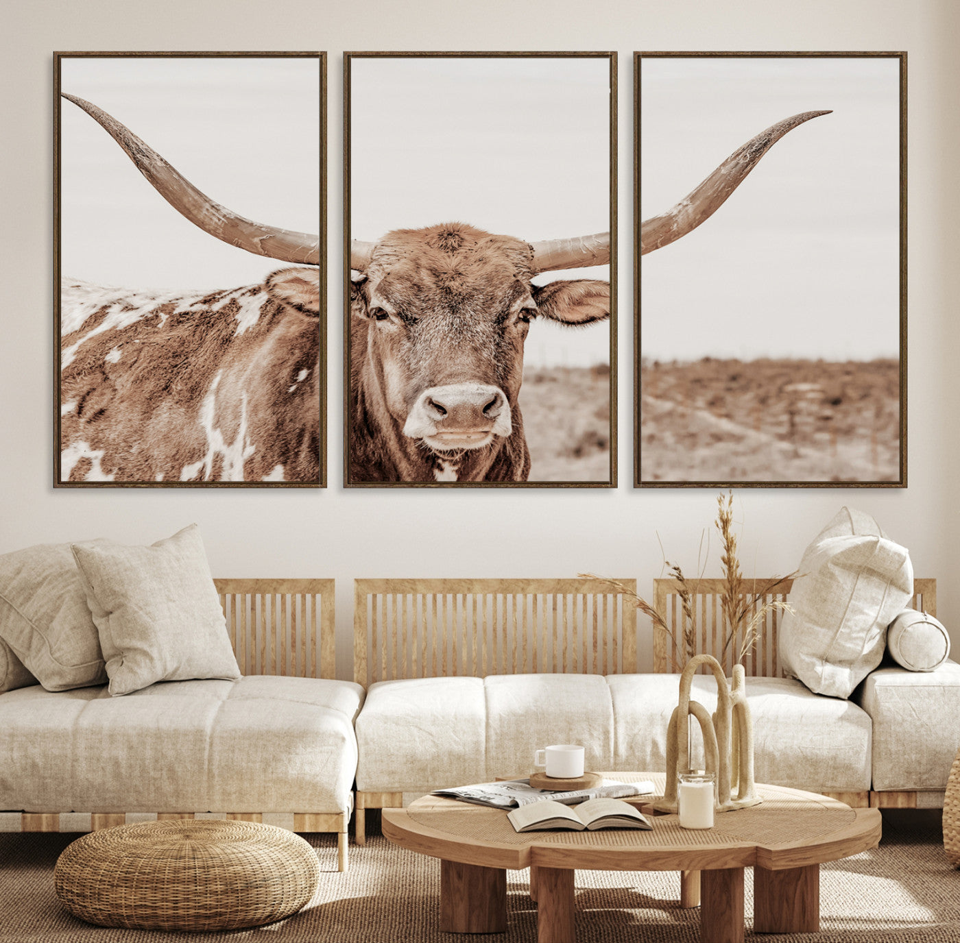 77810049-MGV-CV-36X24-Longhorn Bull Wall Art Canvas Print, Framed Rustic Cow Art Picture Print, Neutral Farmhouse Perfect Rustic Neutral Farmhouse Decor