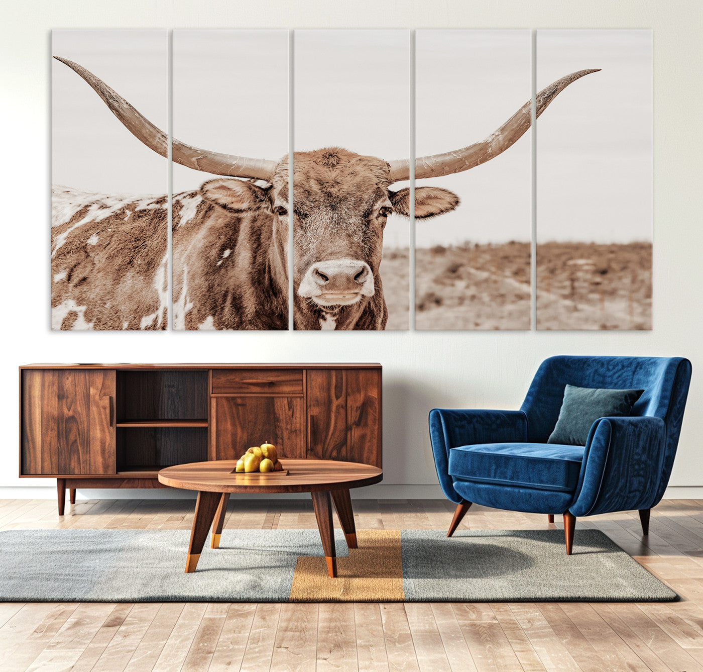 77810049-MGV-CV-36X24-Longhorn Bull Wall Art Canvas Print – Framed Rustic Cow Neutral Western Farmhouse Country Animal Artwork for Home Office