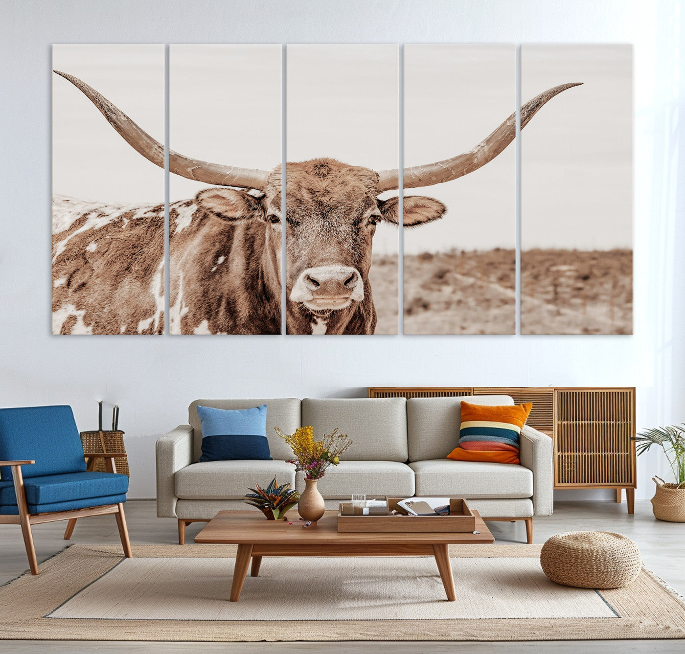 77810049-MGV-CV-36X24-Longhorn Bull Wall Art Canvas Print – Framed Rustic Cow Neutral Western Farmhouse Country Animal Artwork for Home Office