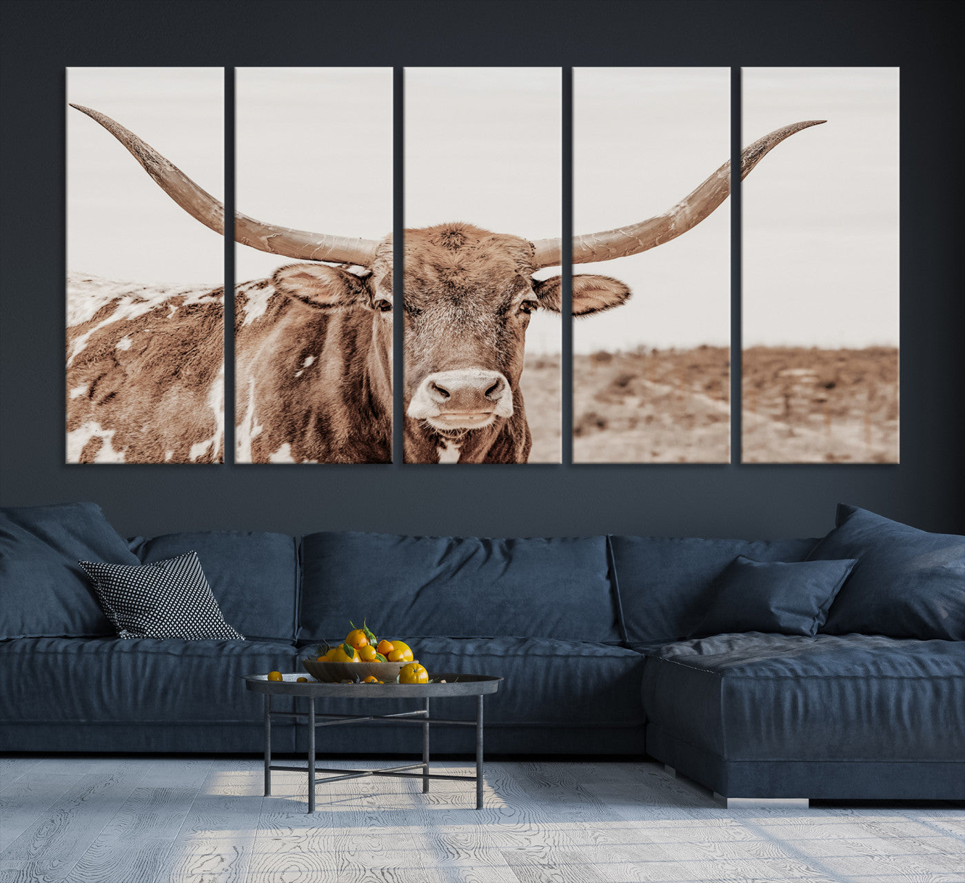 77810049-MGV-CV-36X24-Longhorn Bull Wall Art Canvas Print – Framed Rustic Cow Neutral Western Farmhouse Country Animal Artwork for Home Office