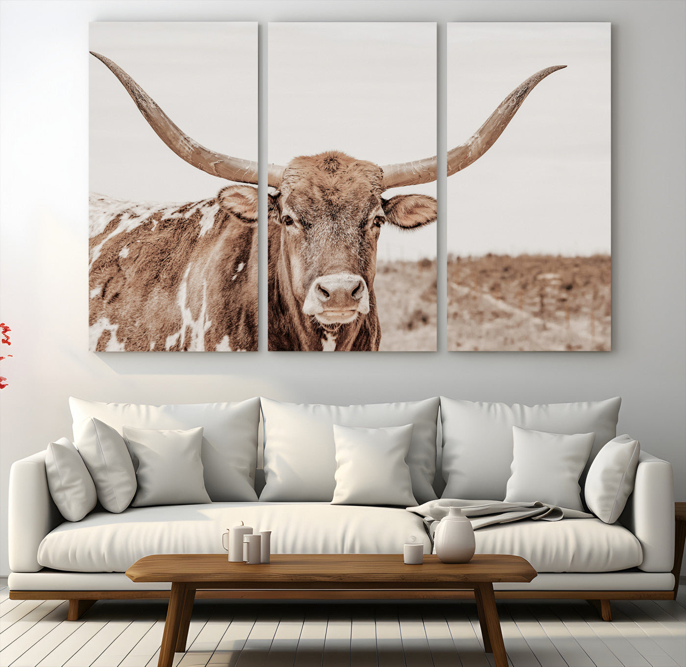 77810049-MGV-CV-48X32-3P-Longhorn Bull Wall Art Canvas Print – Framed Rustic Cow Neutral Western Farmhouse Country Animal Artwork for Home Office