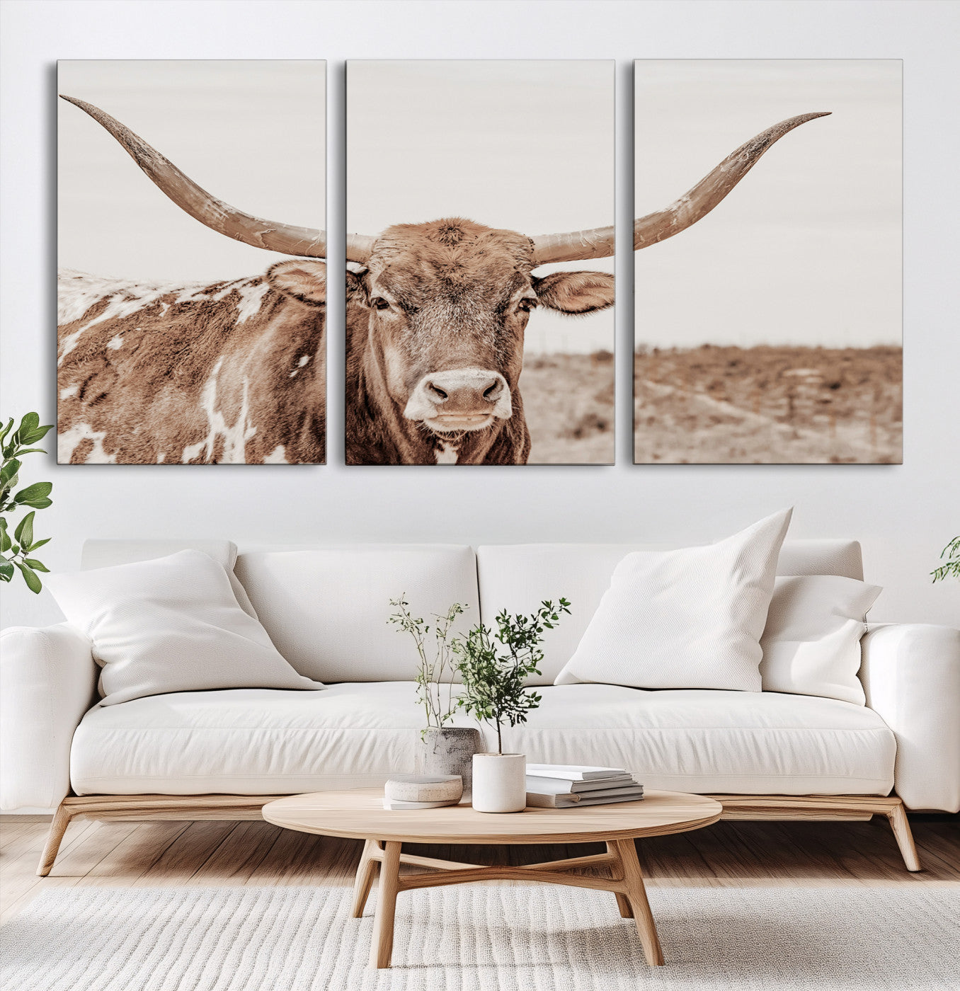 77810049-MGV-CV-60X30-3P-Longhorn Bull Wall Art Canvas Print – Framed Rustic Cow Neutral Western Farmhouse Country Animal Artwork for Home Office
