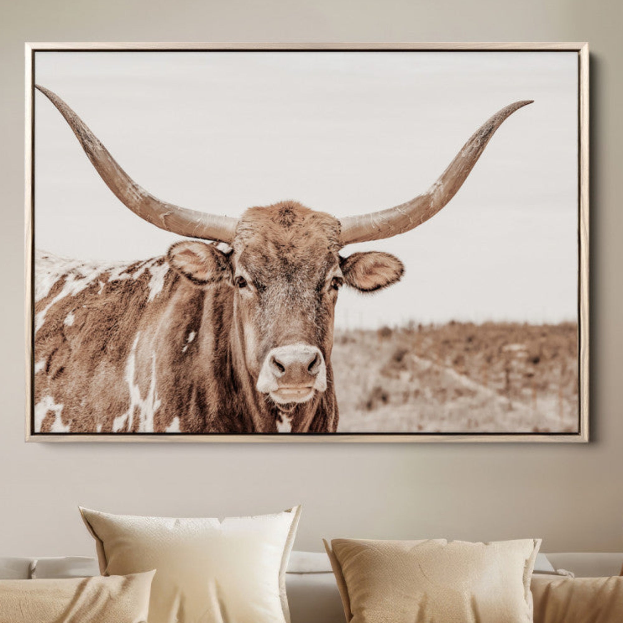 77810049-MGV-FC-36X24-Longhorn Bull Wall Art Canvas Print – Framed Rustic Cow Neutral Western Farmhouse Country Animal Artwork for Home Office