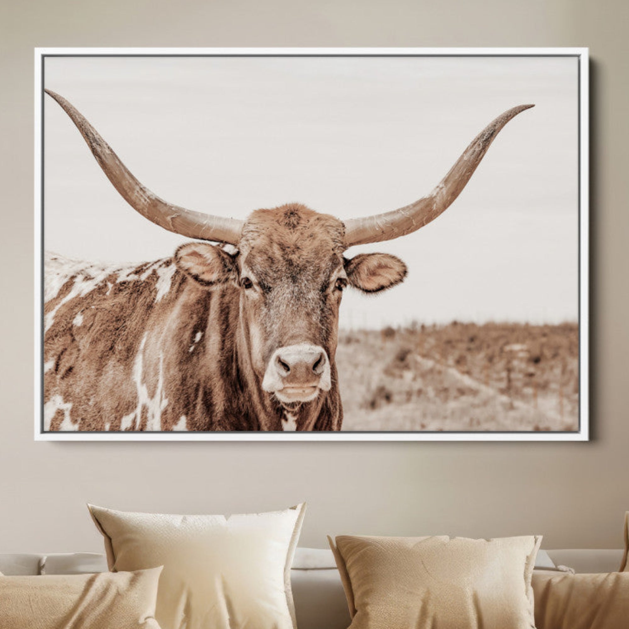 77810049-MGV-FC-36X24-Longhorn Bull Wall Art Canvas Print – Framed Rustic Cow Neutral Western Farmhouse Country Animal Artwork for Home Office