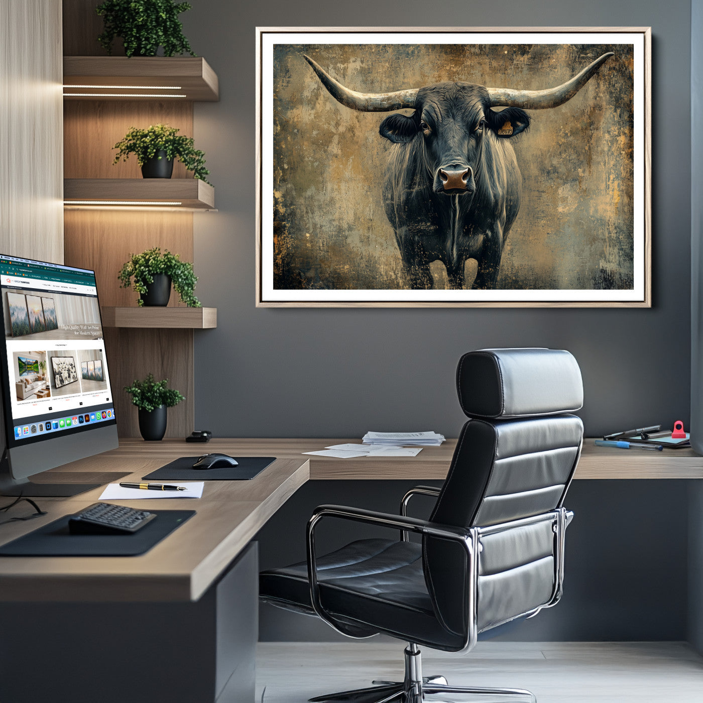 57385-MGC-FP-36x24_Natural-Longhorn Bull Wall Art Canvas Print, Framed Rustic Cow Art Picture Print, Texas Longhorn Perfect Western Decor
