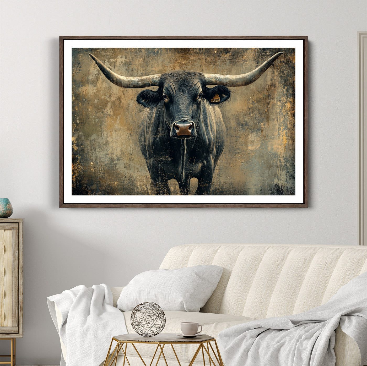 57385-MGC-FP-36x24_Walnut-Longhorn Bull Wall Art Canvas Print, Framed Rustic Cow Art Picture Print, Texas Longhorn Perfect Western Decor