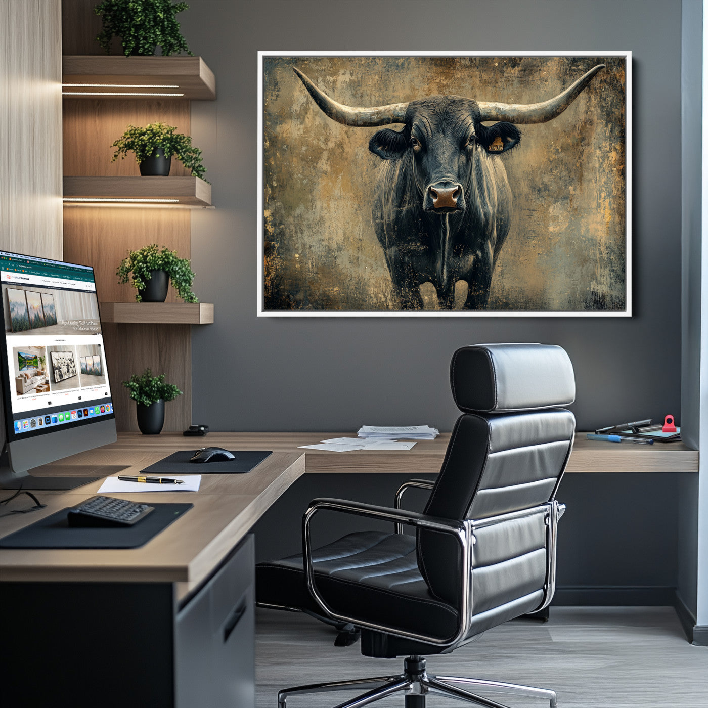 Longhorn Bull Wall Art Canvas Print, Framed Rustic Cow Art Picture Print, Texas Longhorn Perfect Western Decor