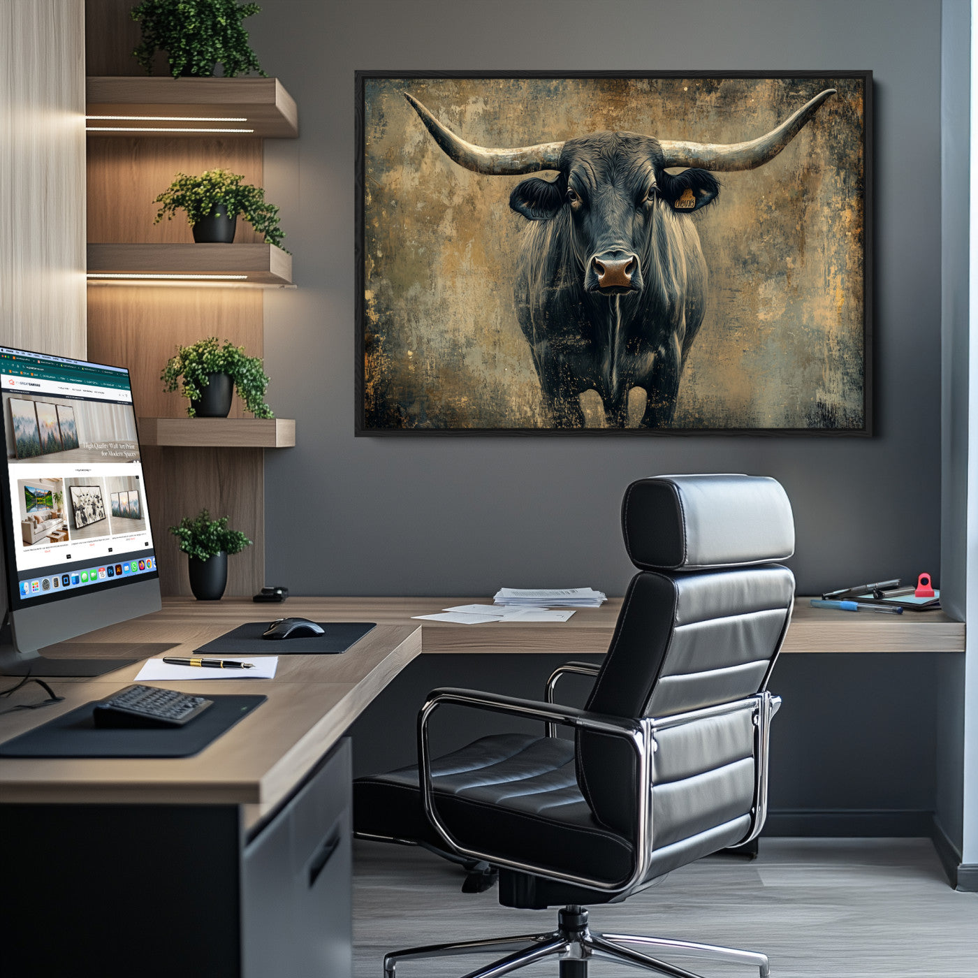 Longhorn Bull Wall Art Canvas Print, Framed Rustic Cow Art Picture Print, Texas Longhorn Perfect Western Decor