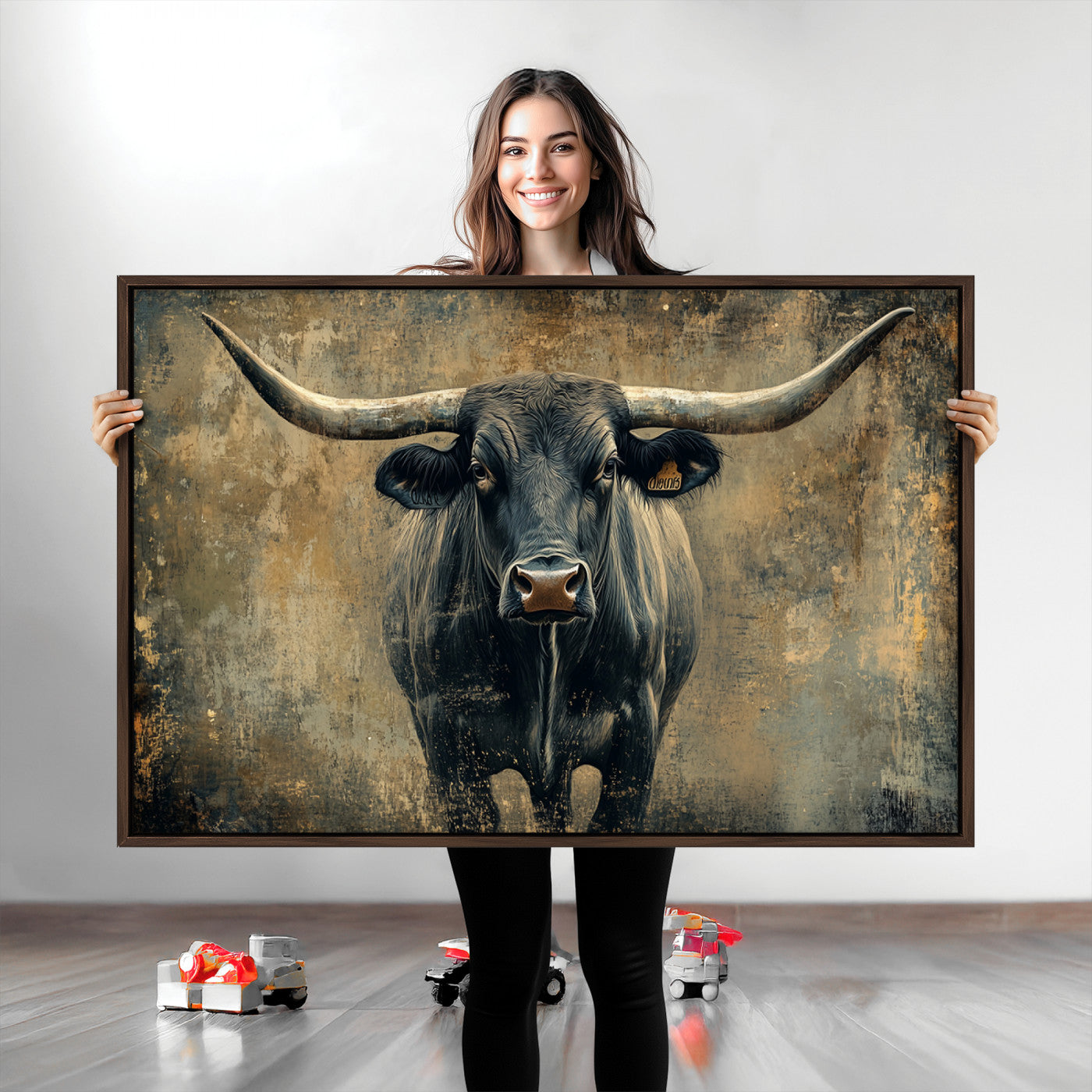 Longhorn Bull Wall Art Canvas Print, Framed Rustic Cow Art Picture Print, Texas Longhorn Perfect Western Decor