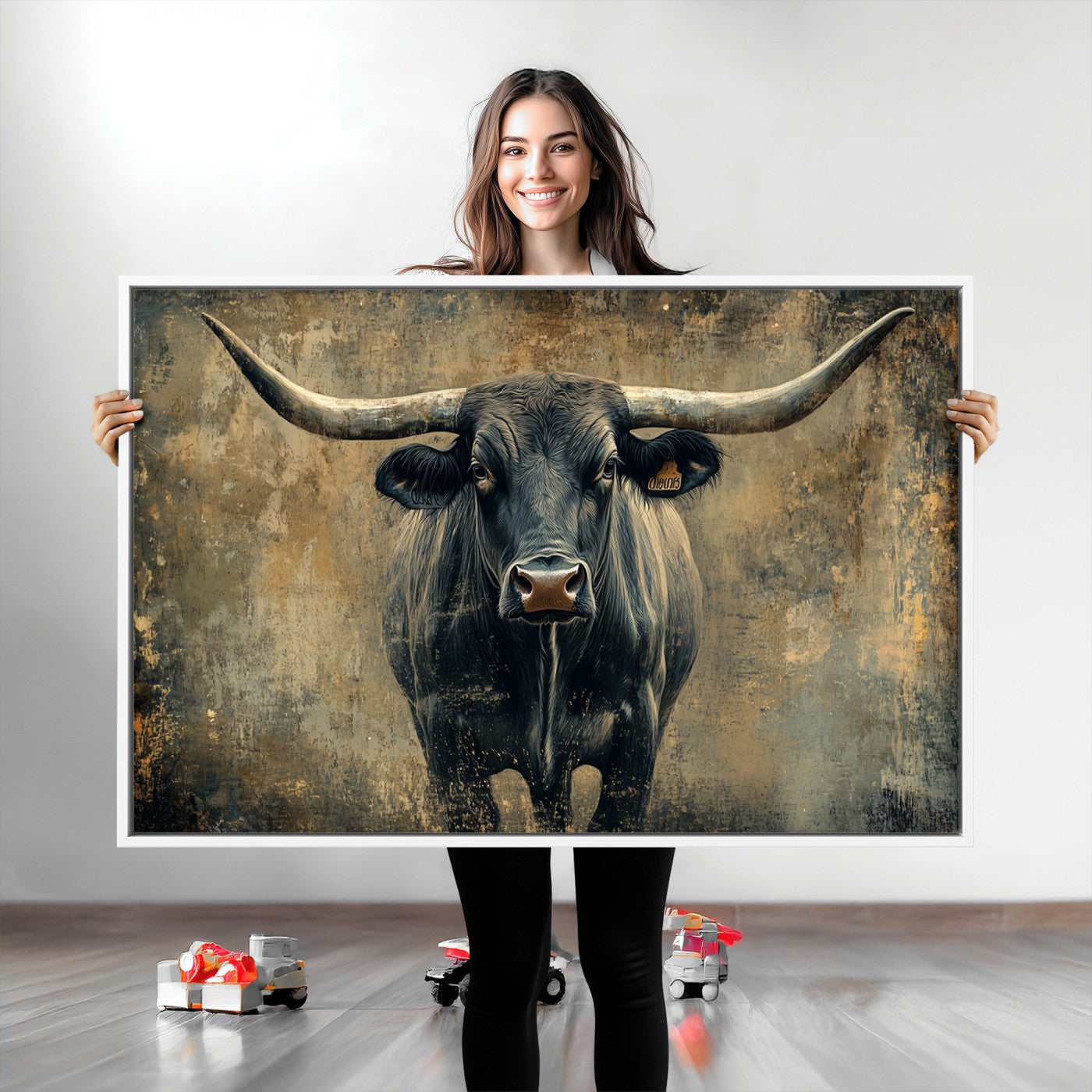 Longhorn Bull Wall Art Canvas Print, Framed Rustic Cow Art Picture Print, Texas Longhorn Perfect Western Decor