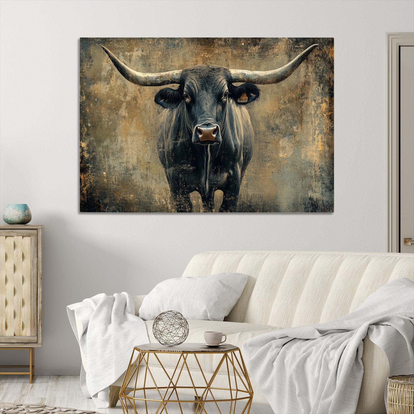 Longhorn Bull Wall Art Canvas Print, Framed Rustic Cow Art Picture Print, Texas Longhorn Perfect Western Decor