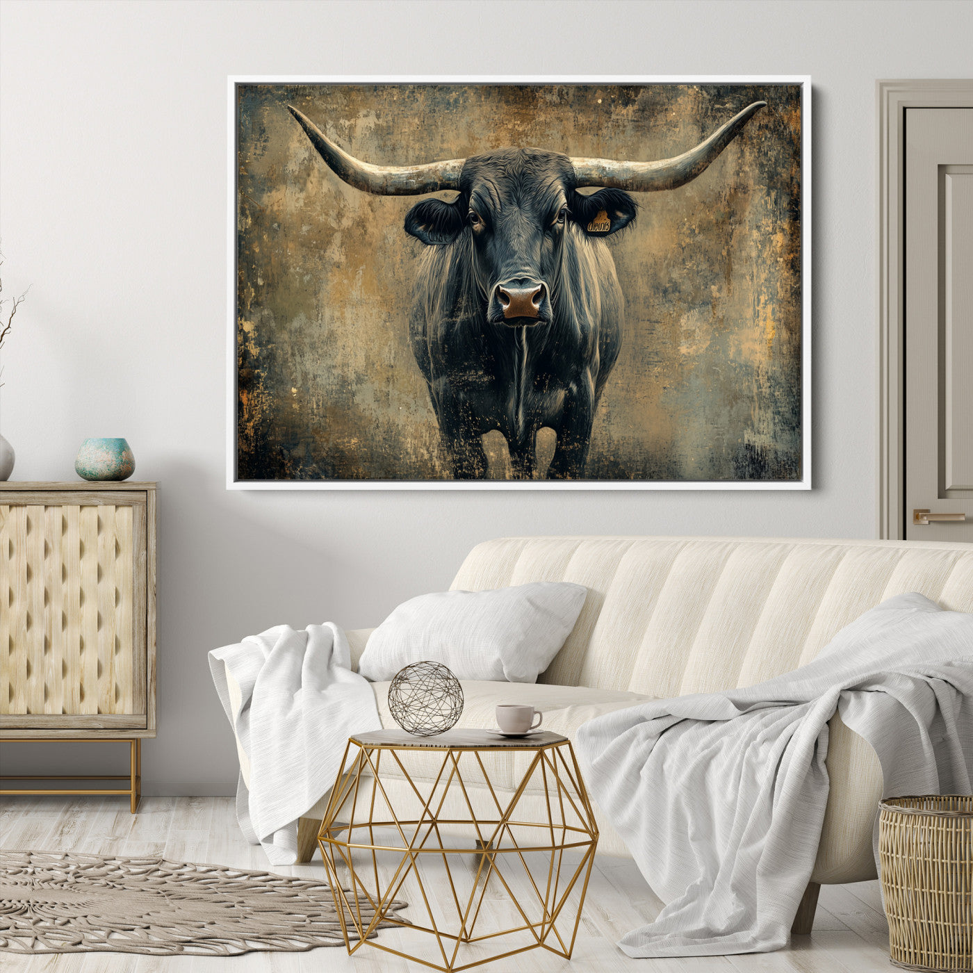 Longhorn Bull Wall Art Canvas Print, Framed Rustic Cow Art Picture Print, Texas Longhorn Perfect Western Decor