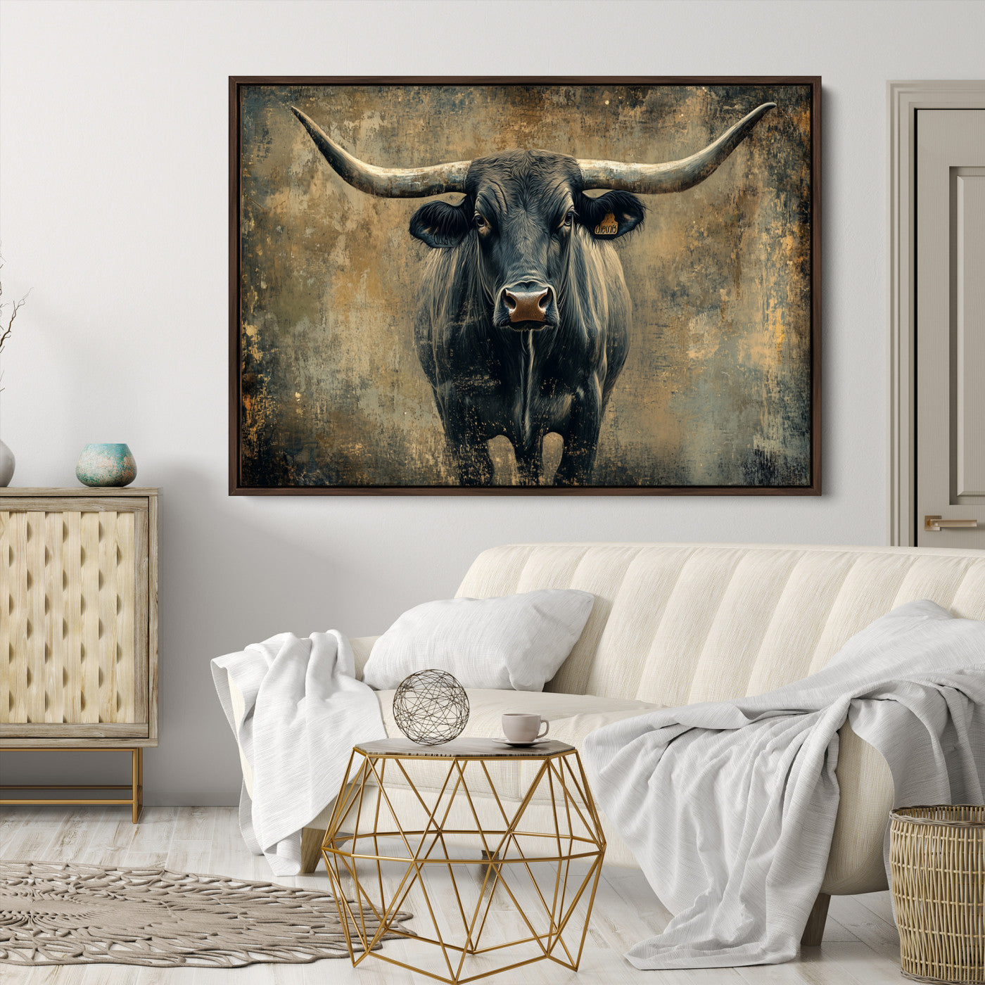 Longhorn Bull Wall Art Canvas Print, Framed Rustic Cow Art Picture Print, Texas Longhorn Perfect Western Decor