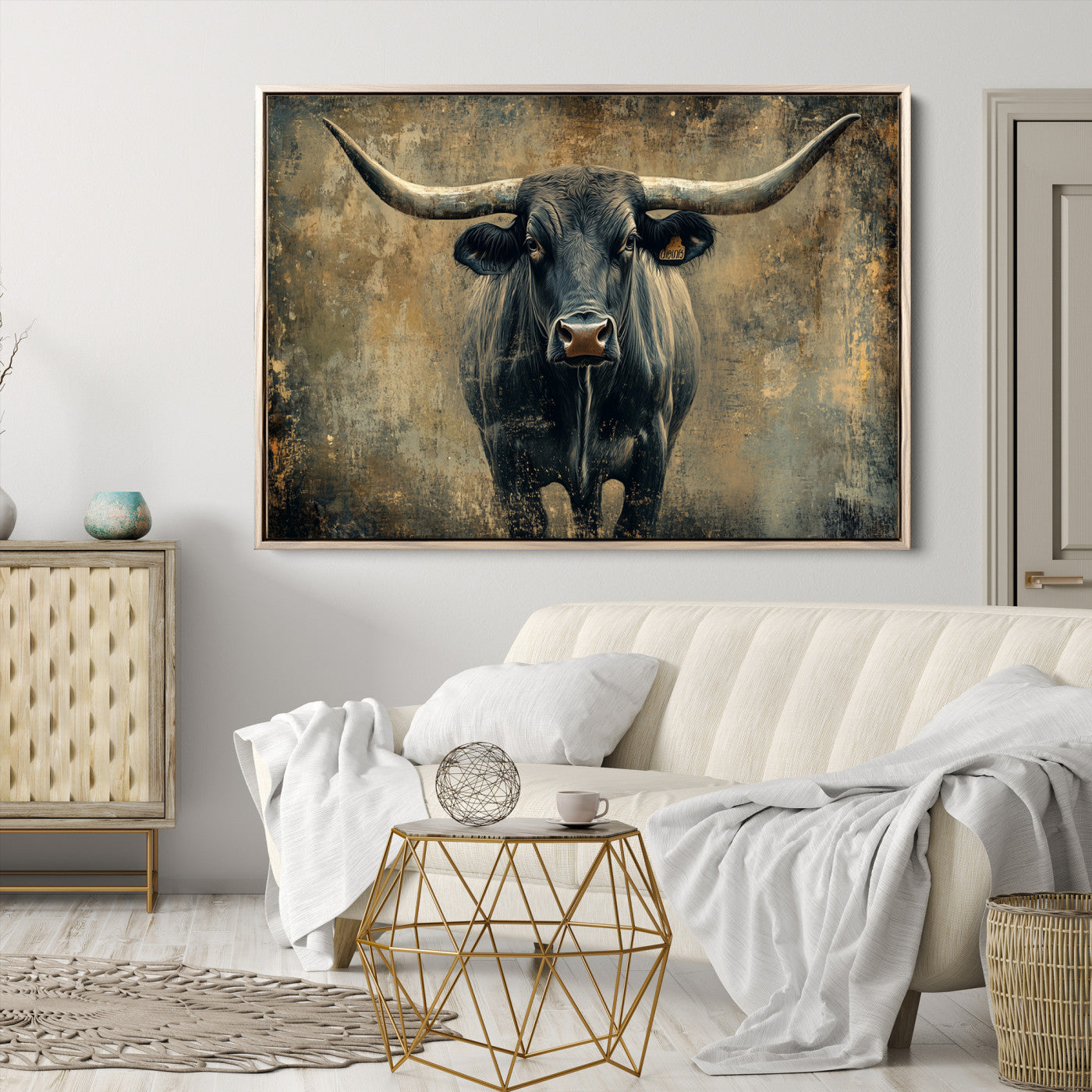 Longhorn Bull Wall Art Canvas Print, Framed Rustic Cow Art Picture Print, Texas Longhorn Perfect Western Decor
