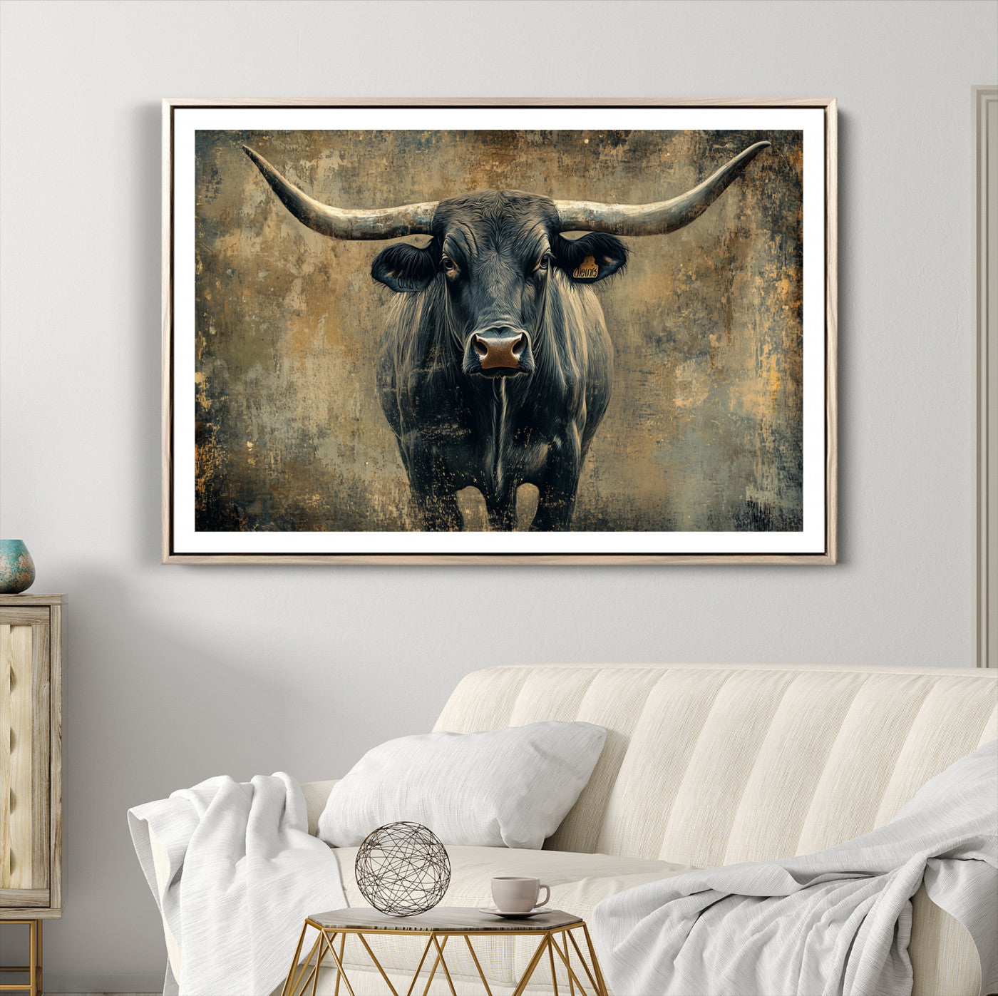 57385-MGV-CV-36X24-Longhorn Bull Wall Art Canvas Print, Framed Rustic Cow Art Picture Print, Texas Longhorn Perfect Western Decor