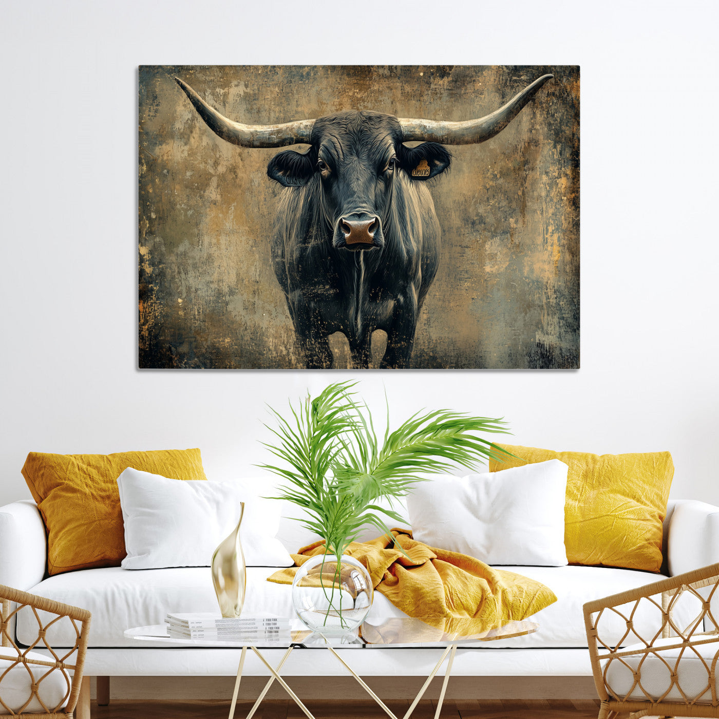 Longhorn Bull Wall Art Canvas Print, Framed Rustic Cow Art Picture Print, Texas Longhorn Perfect Western Decor