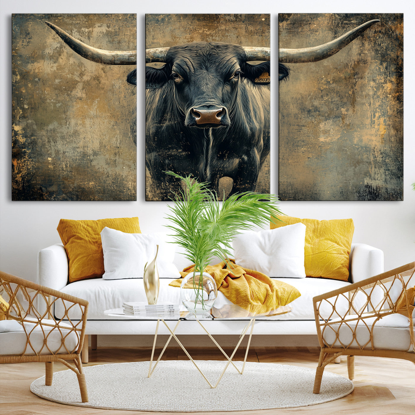 57385-MGV-CV-36X24-Longhorn Bull Wall Art Canvas Print, Framed Rustic Cow Art Picture Print, Texas Longhorn Perfect Western Decor