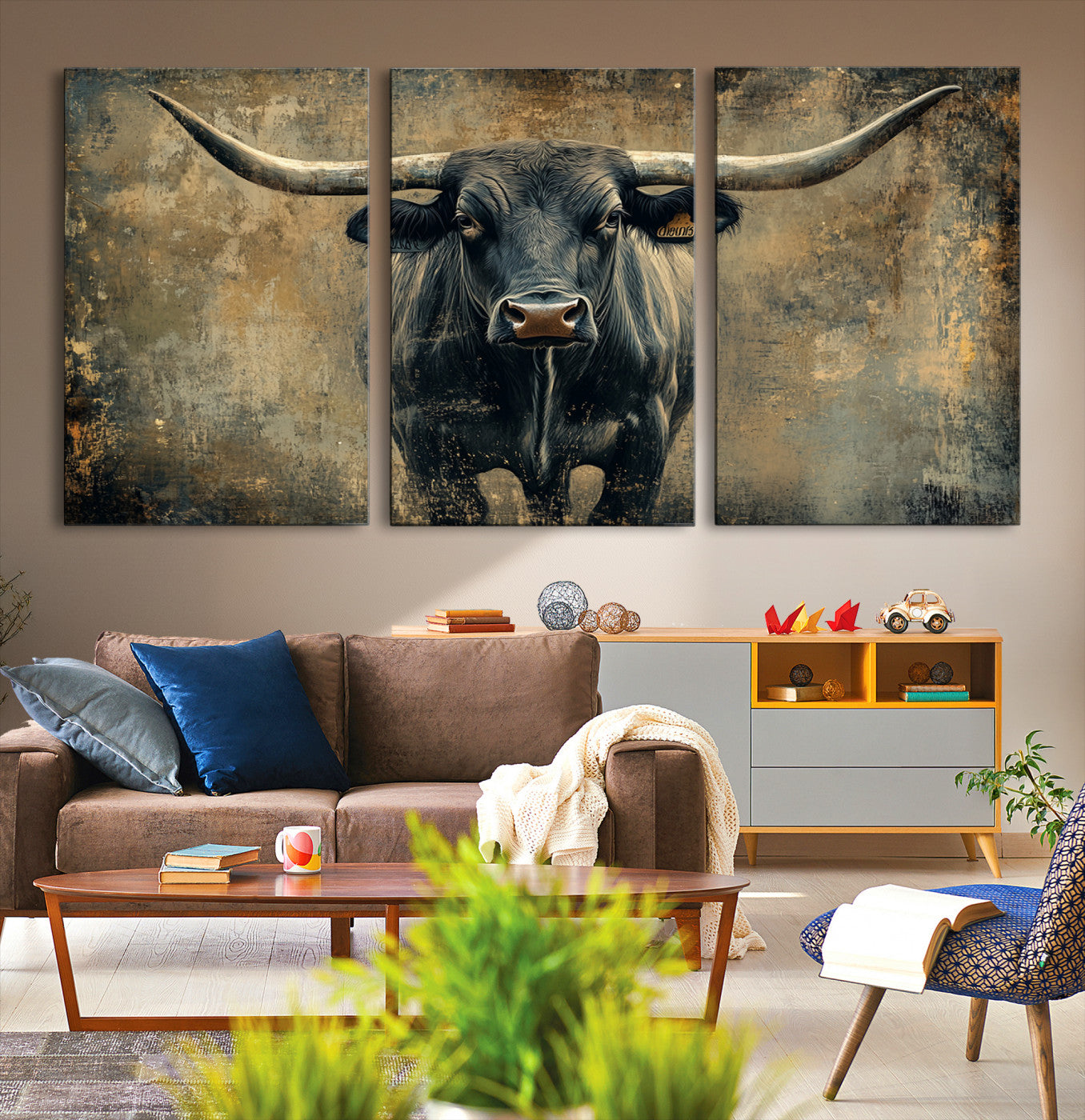 57385-MGV-CV-36X24-Longhorn Bull Wall Art Canvas Print, Framed Rustic Cow Art Picture Print, Texas Longhorn Perfect Western Decor