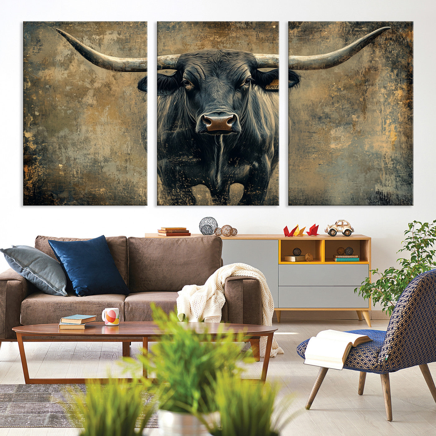 57385-MGV-CV-36X24-Longhorn Bull Wall Art Canvas Print, Framed Rustic Cow Art Picture Print, Texas Longhorn Perfect Western Decor