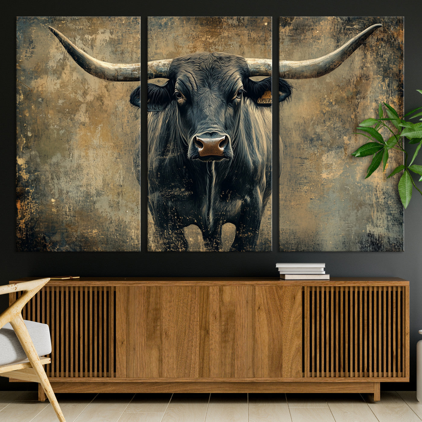 57385-MGV-CV-36X24-Longhorn Bull Wall Art Canvas Print, Framed Rustic Cow Art Picture Print, Texas Longhorn Perfect Western Decor