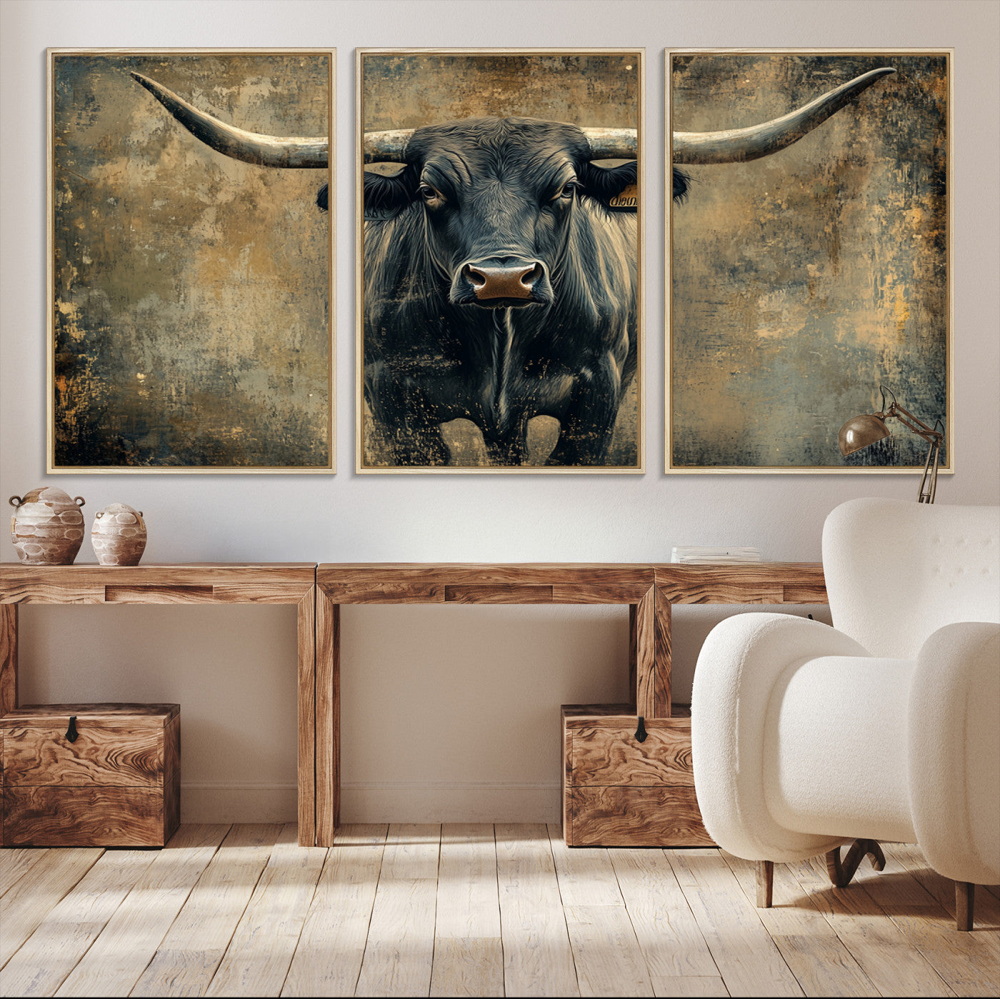 57385-MGV-CV-36X24-Longhorn Bull Wall Art Canvas Print, Framed Rustic Cow Art Picture Print, Texas Longhorn Perfect Western Decor